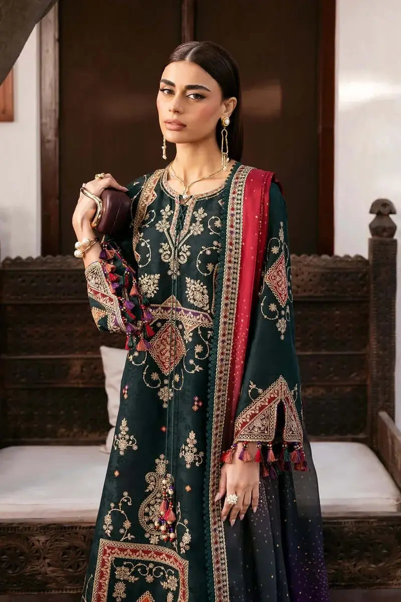 3 Piece Unstitched Heavy Embroidered Dhanak Suit with Printed Woolen Shawl