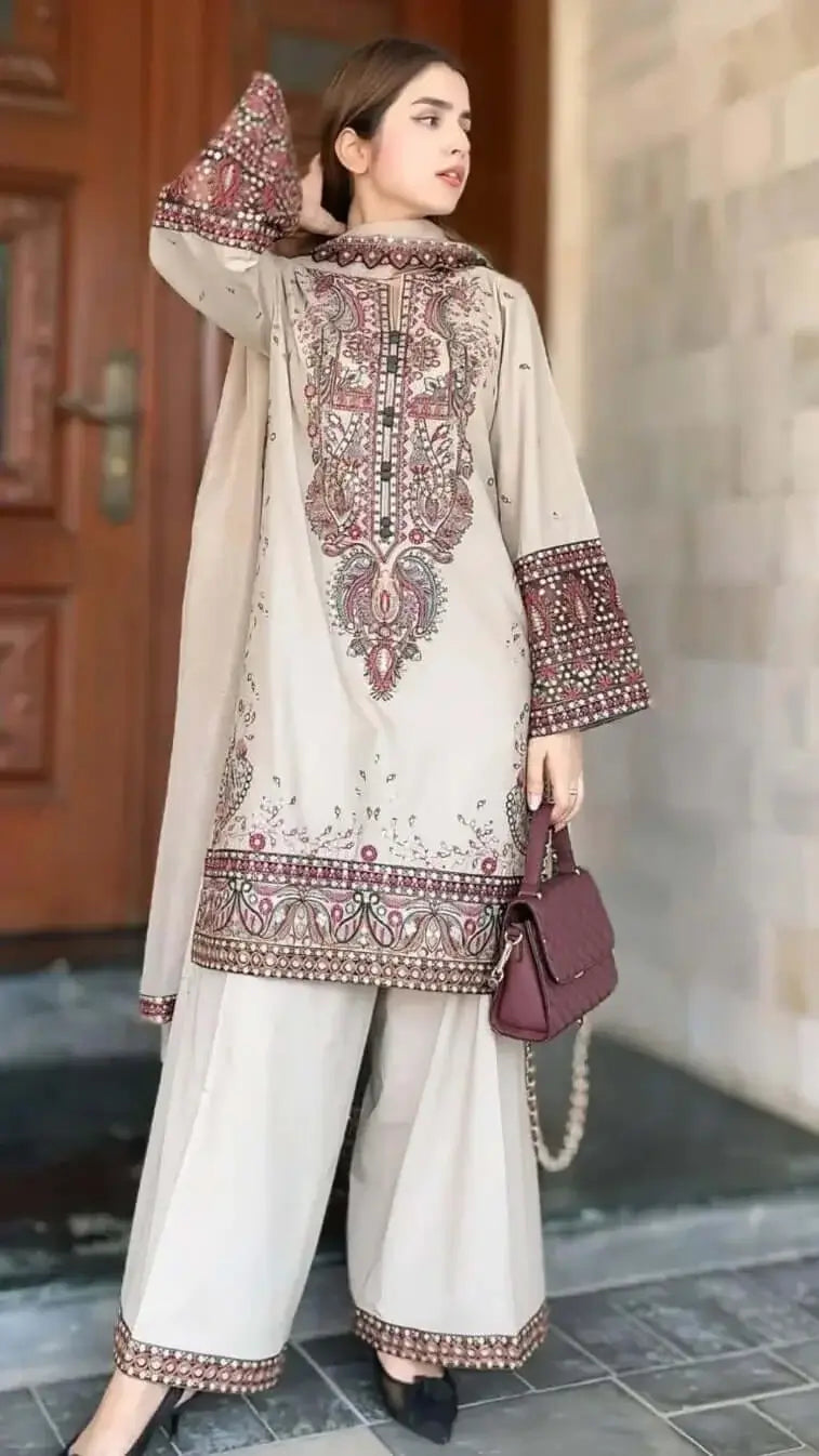 3 Piece Unstitched Heavy Embroidered Dhanak Suit with Four-sided Embroidered Dhanak Wool Shawl