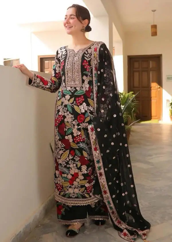 3 Piece Unstitched Heavy Embroidered Dhanak Suit with Four-sided Embroidered Chiffon Dupatta