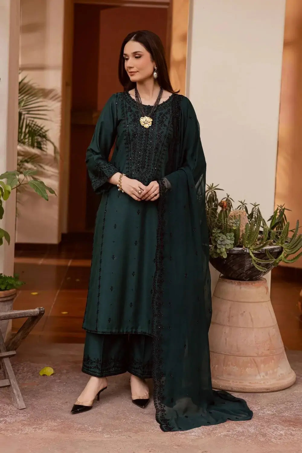 3 Piece Unstitched Heavy Embroidered Dhanak Suit with Four-sided Embroidered Dhanak Wool Shawl