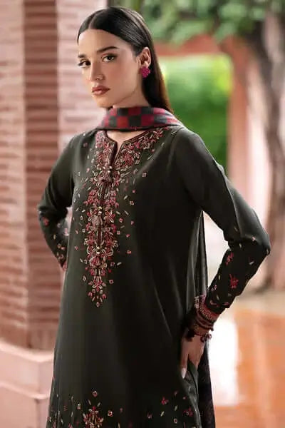 3 Piece Unstitched Heavy Embroidered Dhanak Suit with Printed Woolen Shawl