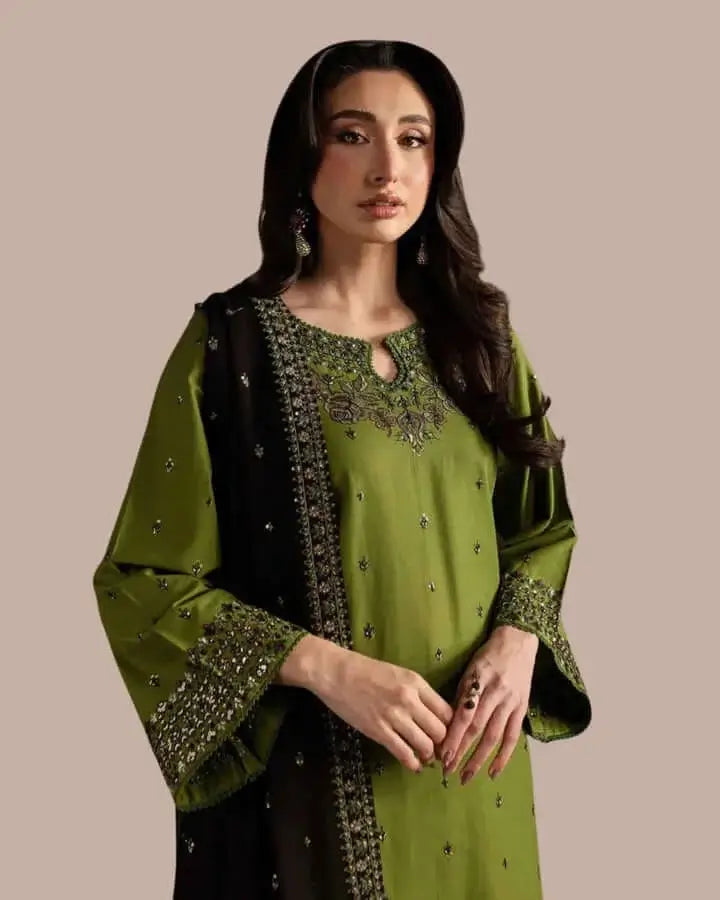3 Piece Unstitched Heavy Embroidered Dhanak Suit with Four-sided Embroidered Dhanak Wool Shawl
