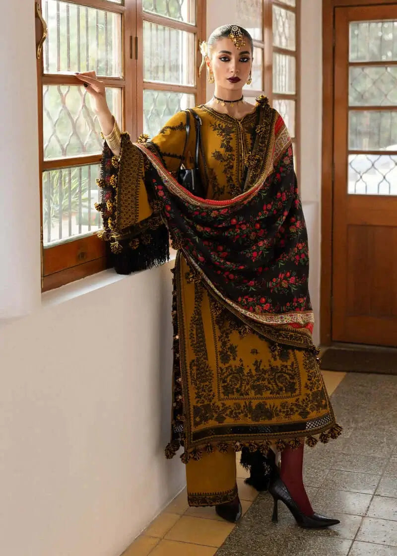 3 Piece Unstitched Heavy Embroidered Dhanak Suit with Printed Woolen Shawl