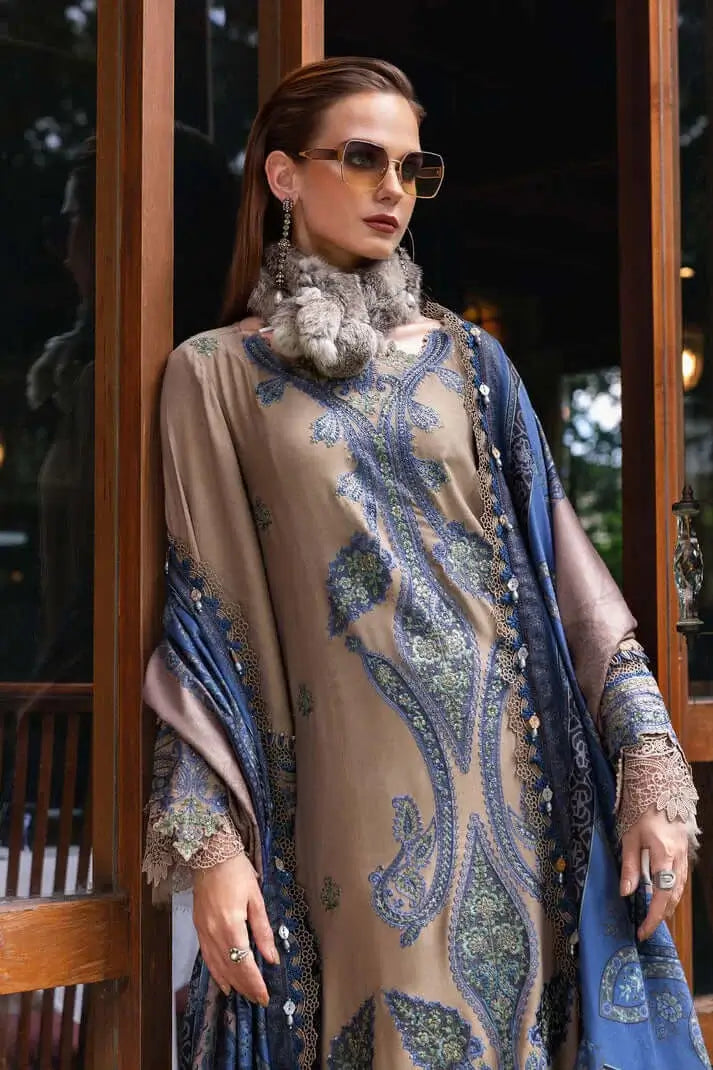 3 Piece Unstitched Heavy Embroidered Dhanak Suit with Printed Woolen Shawl