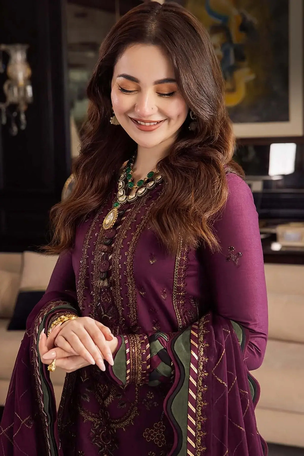 3 Piece Unstitched Heavy Embroidered Dhanak Suit with Four-sided Embroidered Chiffon Dupatta