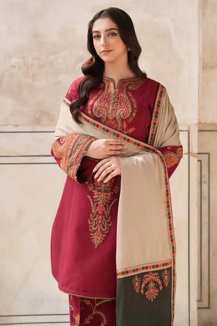 3 Piece Unstitched Heavy Embroidered Dhanak Suit with Printed Woolen Shawl