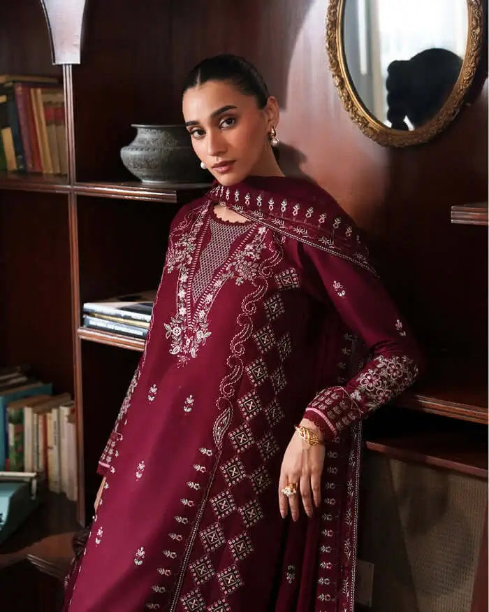 3 Piece Unstitched Heavy Embroidered Dhanak Suit with Four-sided Embroidered Dhanak Wool Shawl