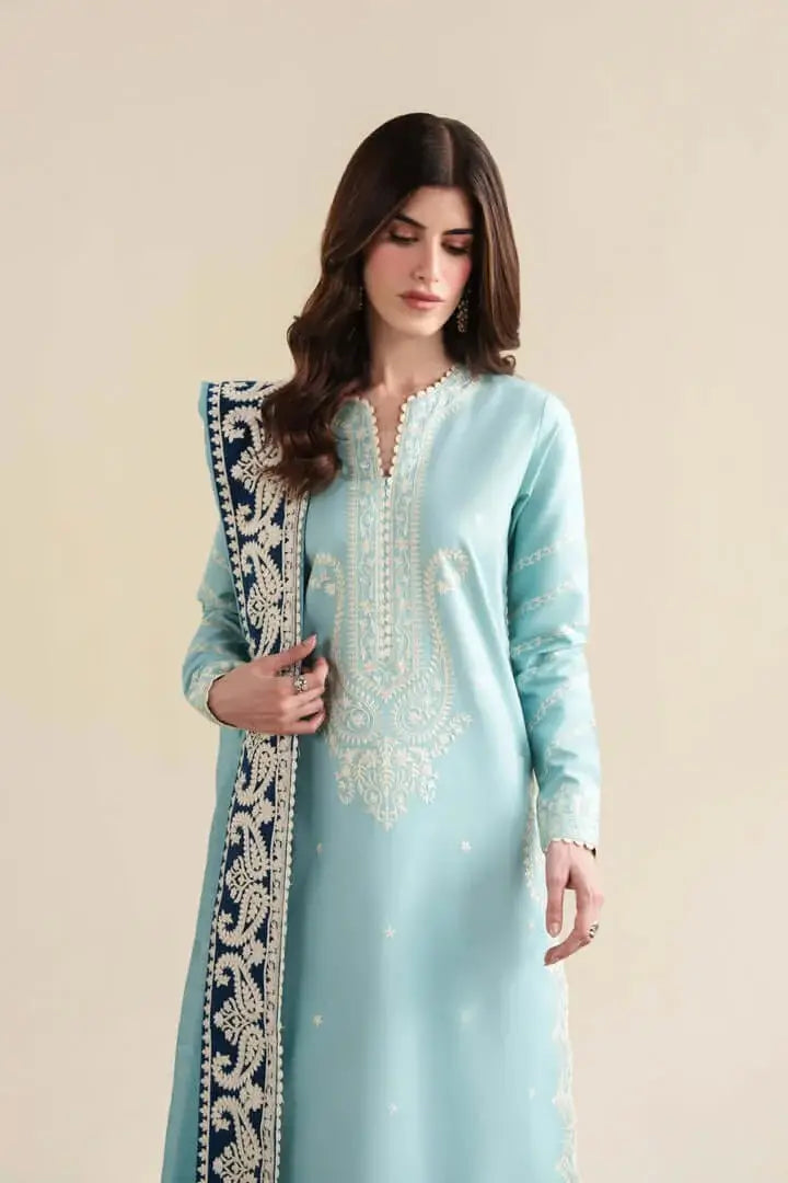 3 Piece Unstitched Heavy Embroidered Dhanak Suit with Four-sided Ready to Wear Embroidered Dhanak Shawl