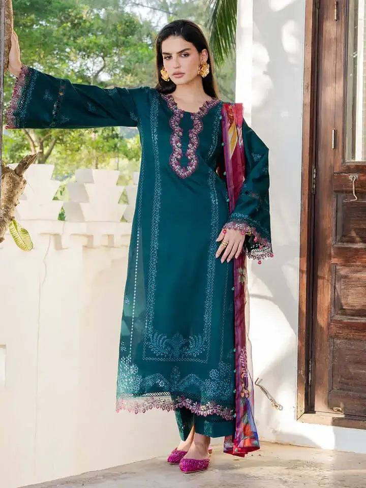 3 Piece Unstitched Heavy Embroidered Dhanak Suit with Printed Woolen Shawl