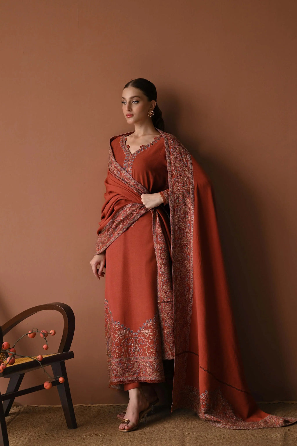 3 Piece Unstitched Heavy Embroidered Dhanak Suit with Four-sided Embroidered Dhanak Wool Shawl