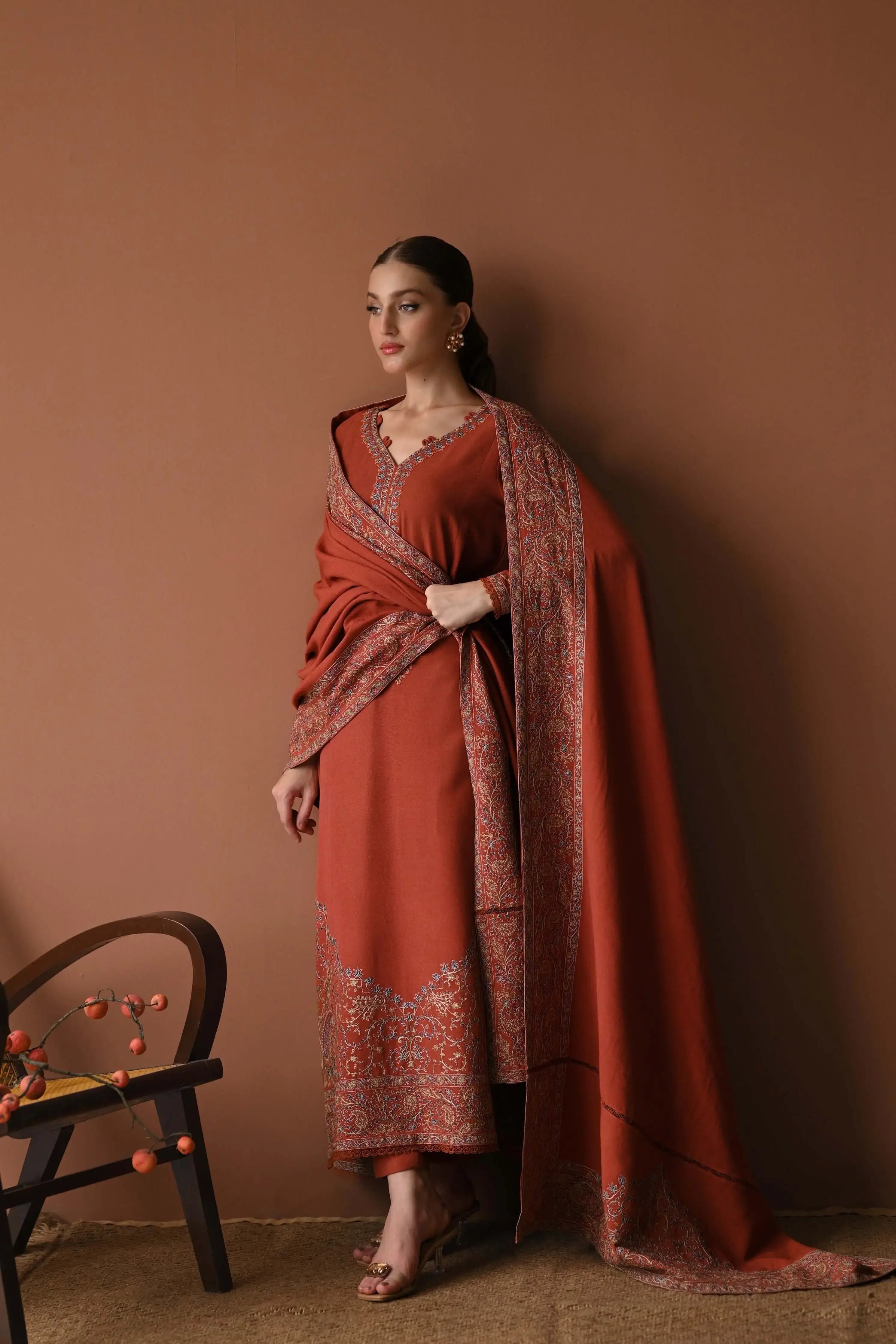 3 Piece Unstitched Heavy Embroidered Dhanak Suit with Four-sided Embroidered Dhanak Wool Shawl