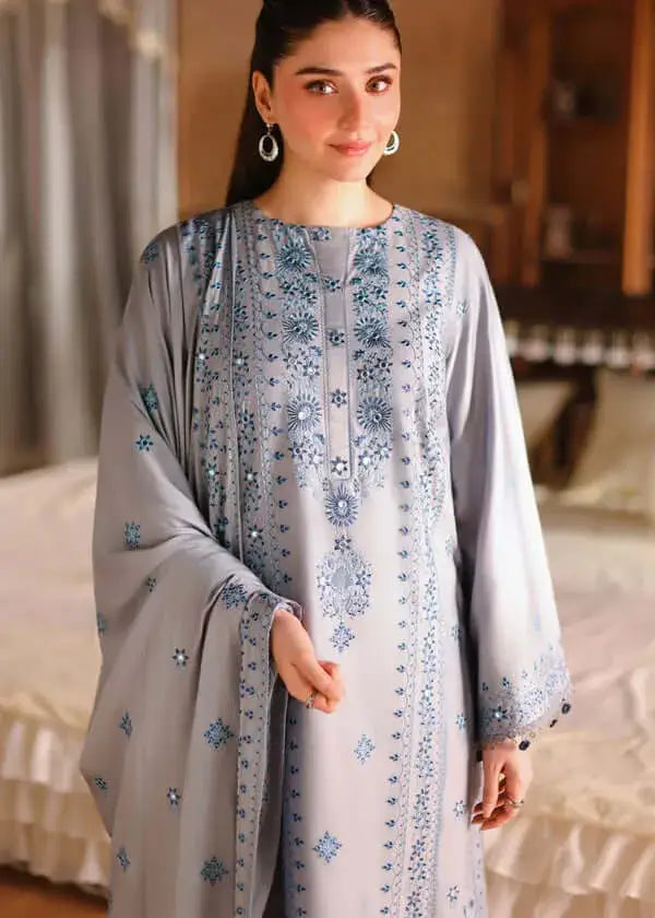 3 Piece Unstitched Heavy Embroidered Dhanak Suit with Four-sided Embroidered Dhanak Shawl