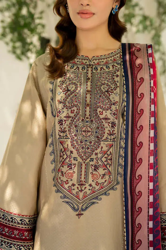 3 Piece Unstitched Heavy Embroidered Dhanak Suit with Printed Woolen Shawl