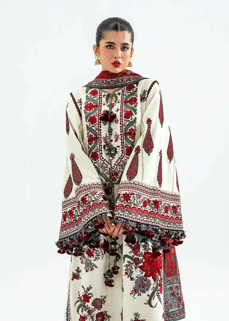 3 Piece Unstitched Heavy Embroidered Dhanak Suit with Printed Woolen Shawl