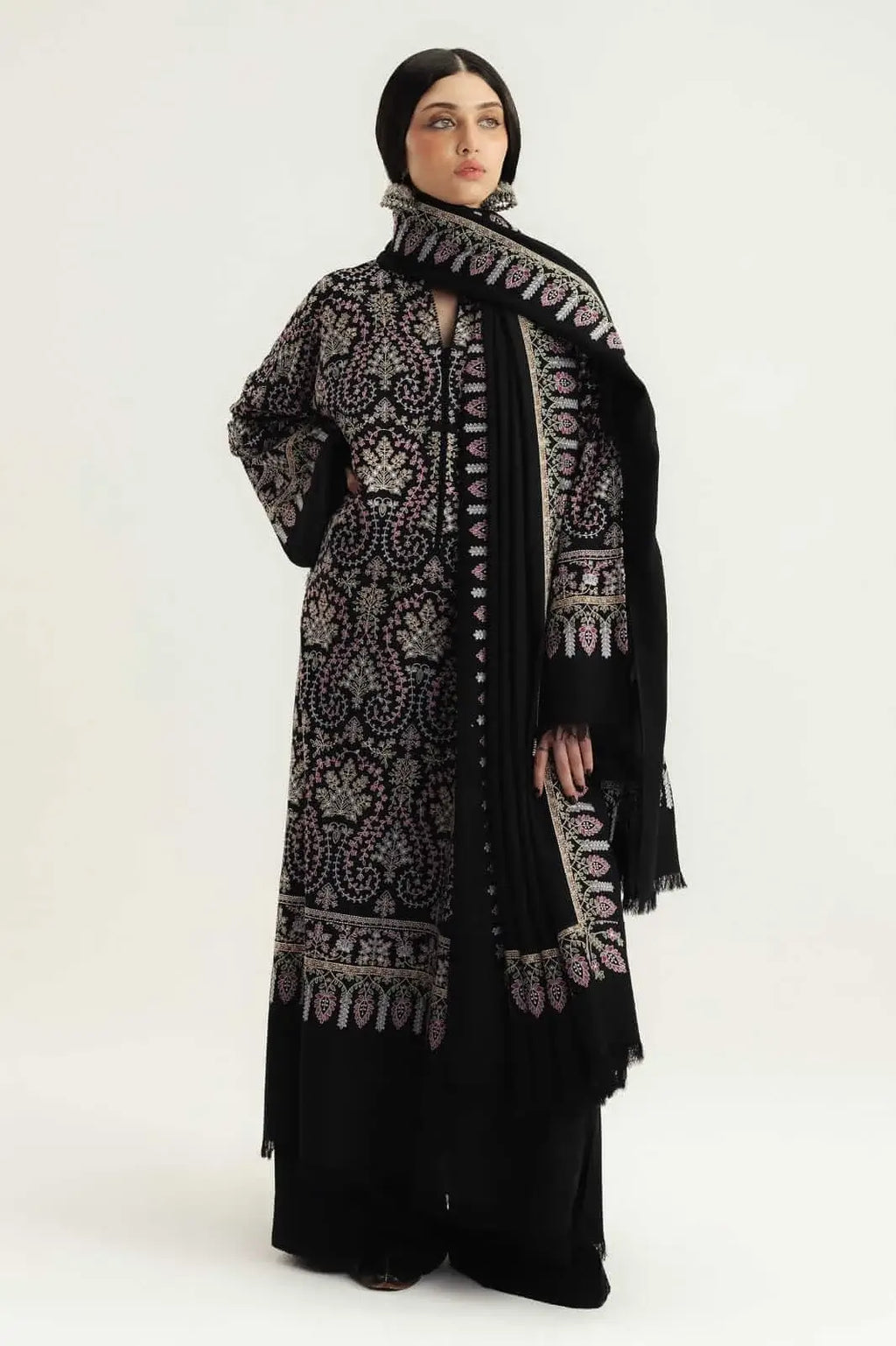 3 Piece Unstitched Heavy Embroidered Dhanak Suit with Heavy Embroidered Dhanak Shawl