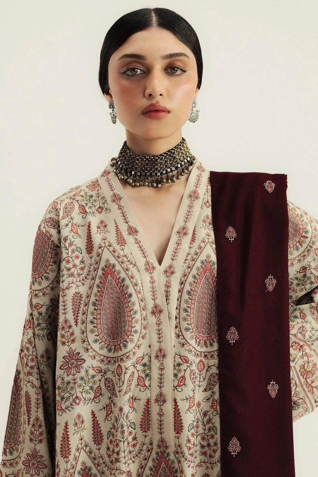 3 Piece Unstitched Heavy Embroidered Dhanak Suit with Heavy Embroidered Dhanak Wool Shawl