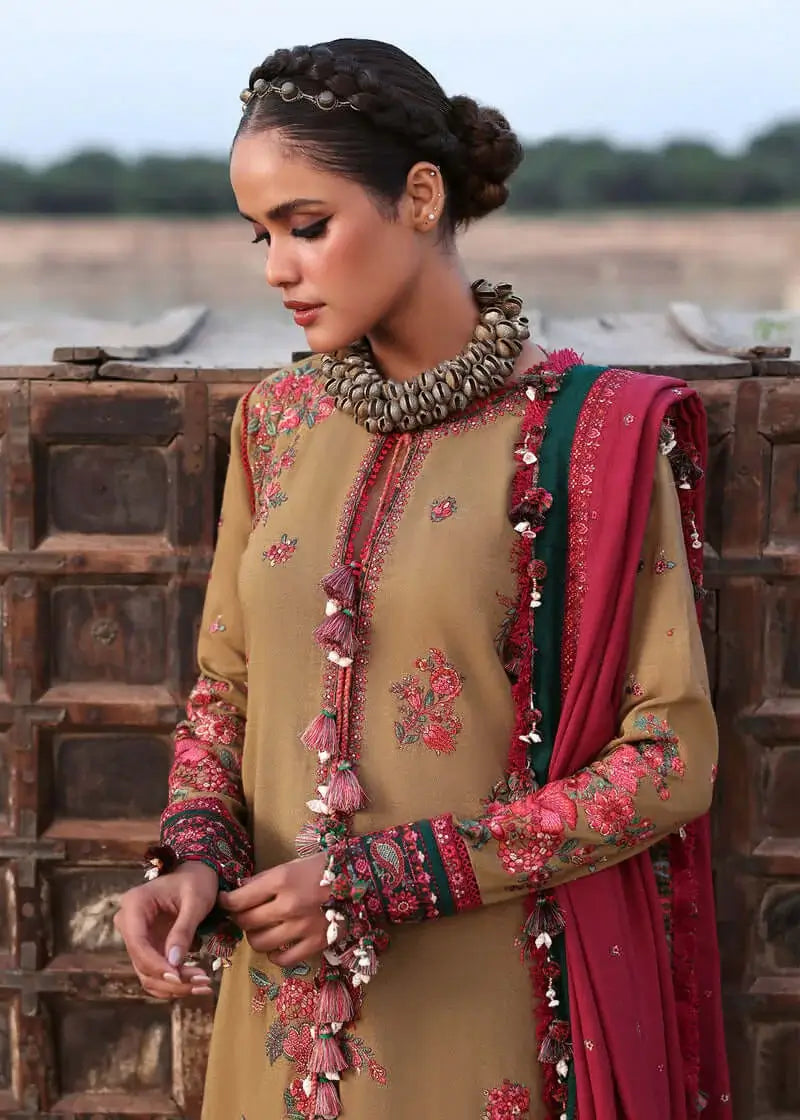 3 Piece Unstitched Heavy Embroidered Dhanak Suit with Four-sided Embroidered Dhanak Wool Shawl