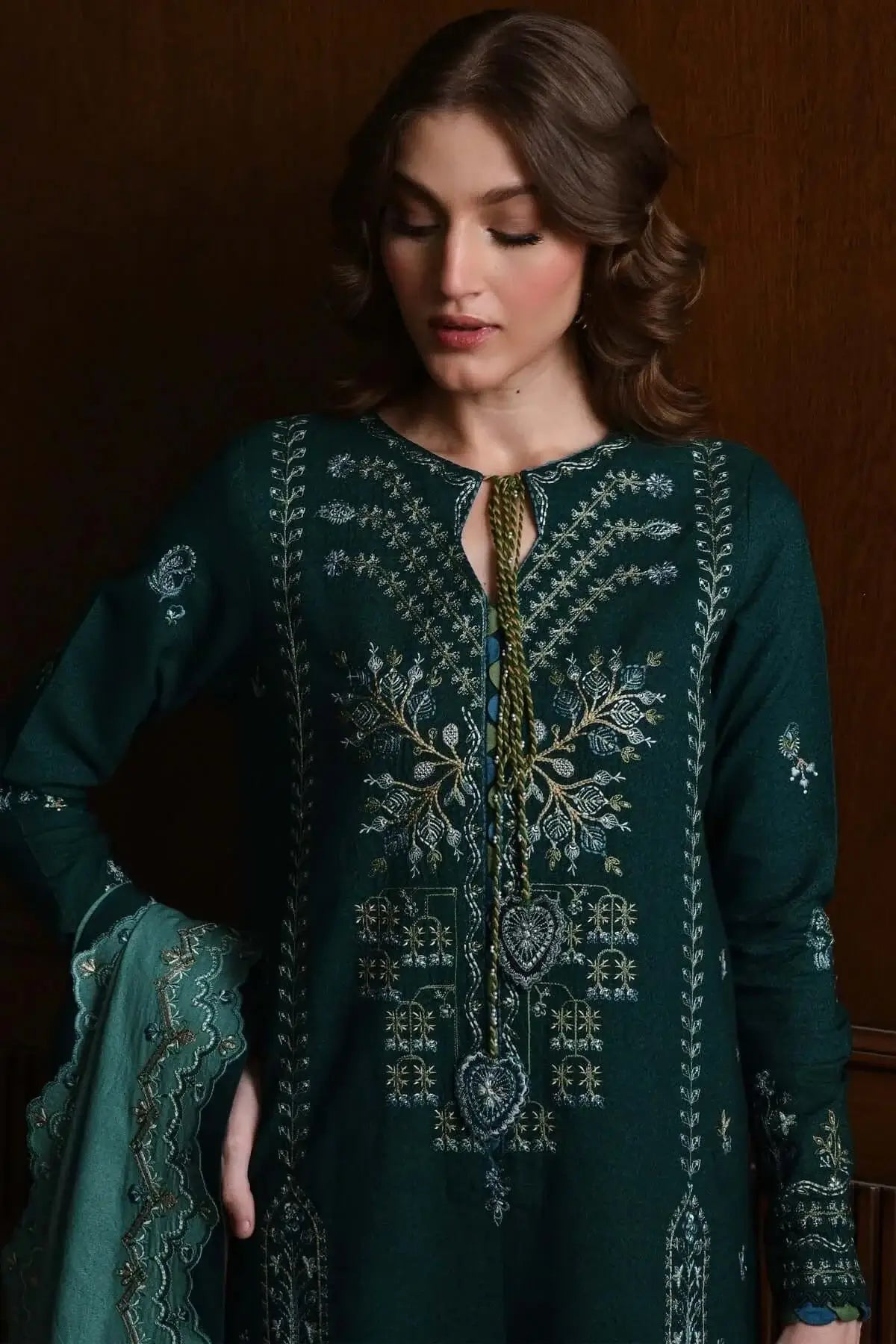 3 Piece Unstitched Heavy Embroidered Dhanak Suit with Four-sided Embroidered Dhanak Wool Shawl