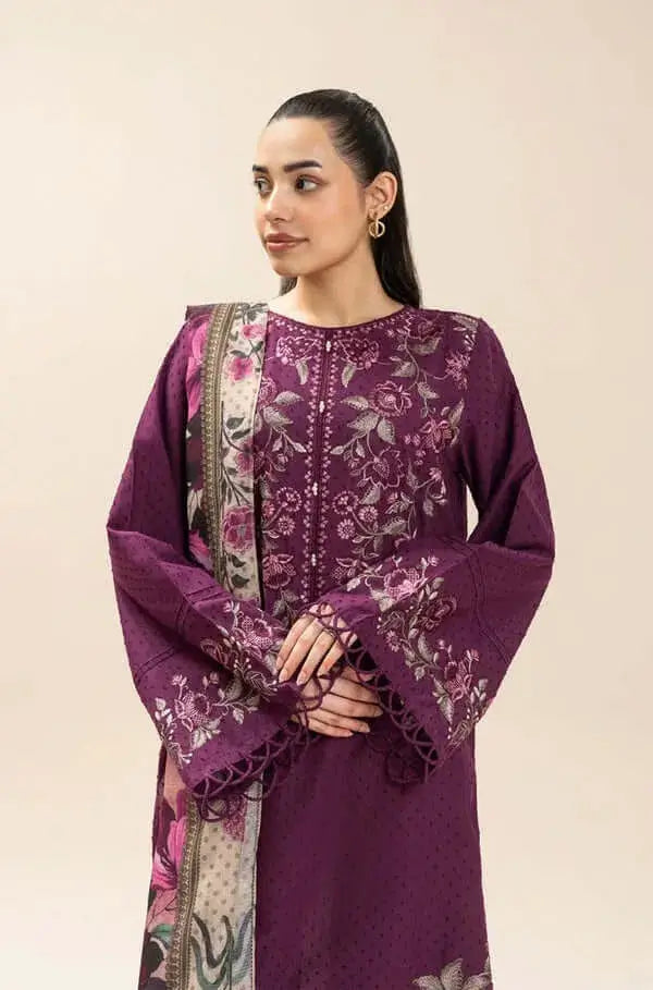 3 Piece Unstitched Heavy Embroidered Dhanak Suit with Printed Woolen Shawl