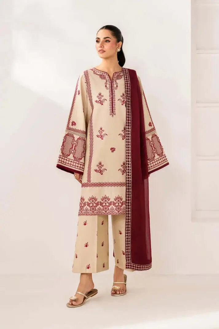 3 Piece Unstitched Heavy Embroidered Dhanak Suit with Four-sided Embroidered Dhanak Wool Shawl