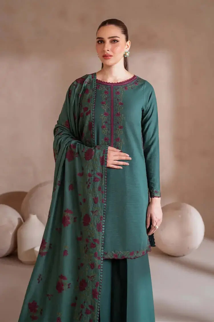3 Piece Unstitched Heavy Embroidered Dhanak Suit with Heavy Embroidered Dhanak Wool Shawl