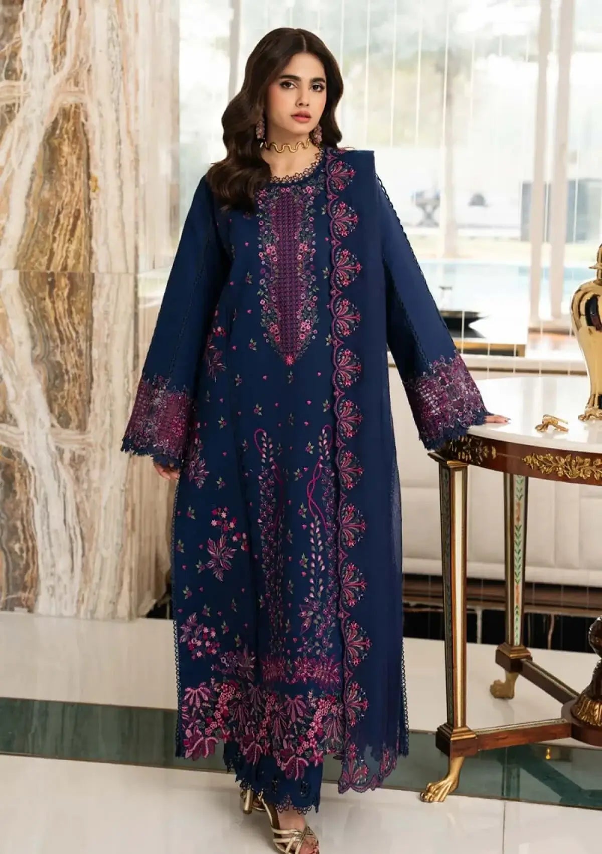 3 Piece Unstitched Heavy Embroidered Dhanak Suit with Four-sided Embroidered Dhanak Wool Shawl