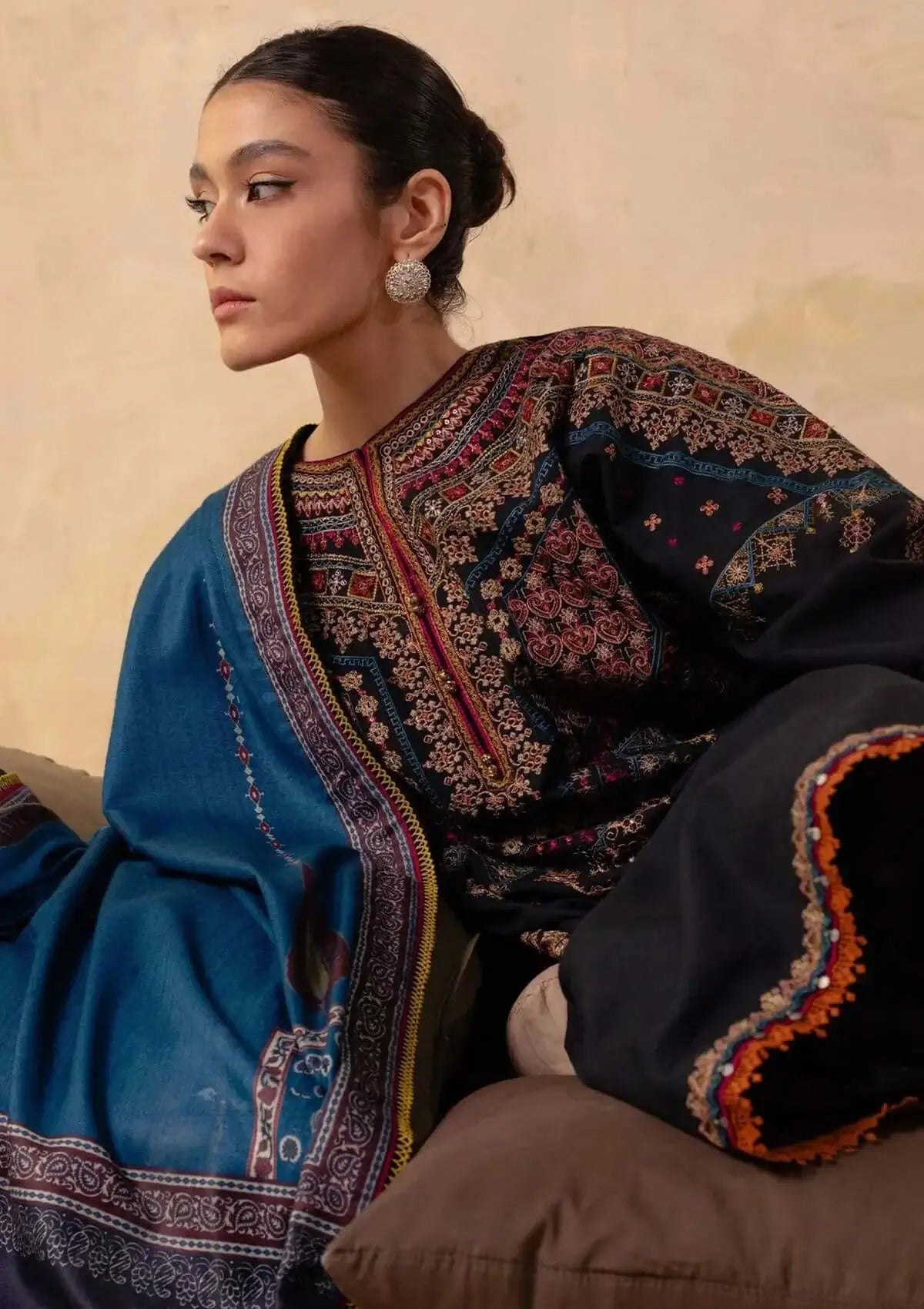 3 Piece Unstitched Heavy Embroidered Dhanak Suit with Printed Woolen Shawl