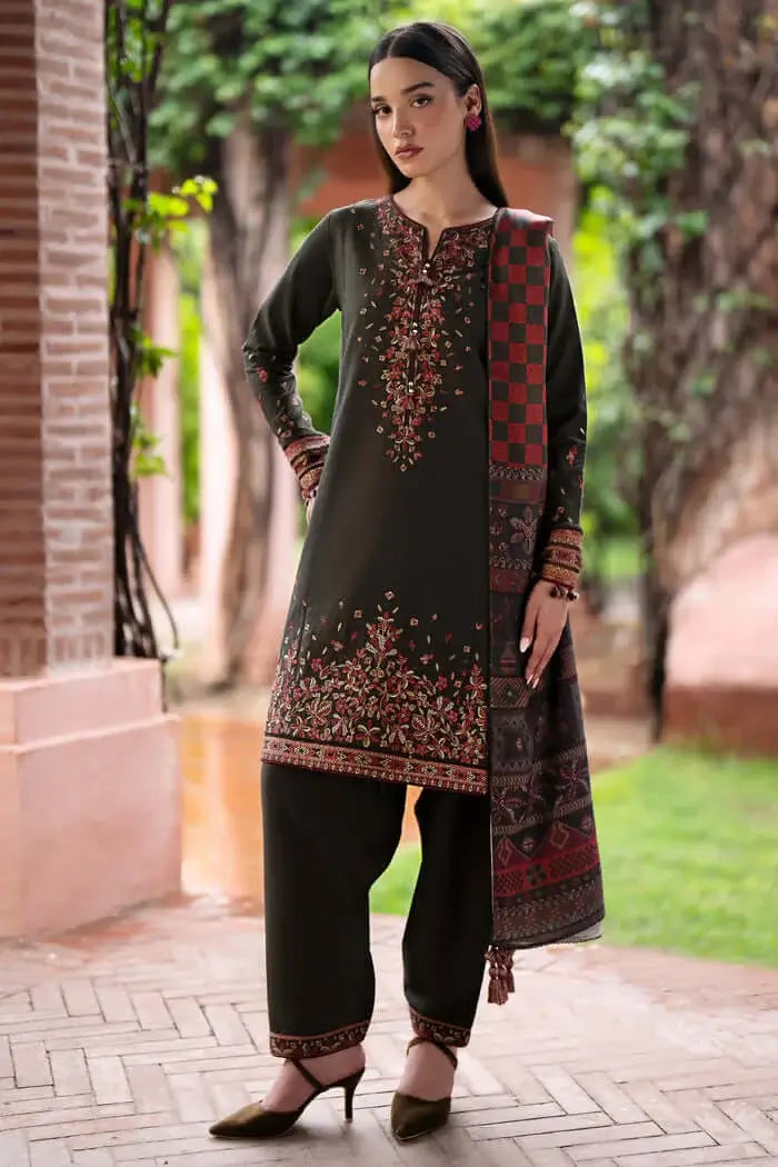 3 Piece Unstitched Heavy Embroidered Dhanak Suit with Printed Woolen Shawl