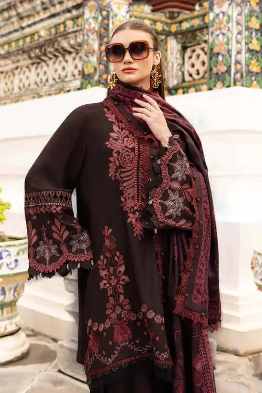3 Piece Unstitched Heavy Embroidered Dhanak Suit with Printed Woolen Shawl