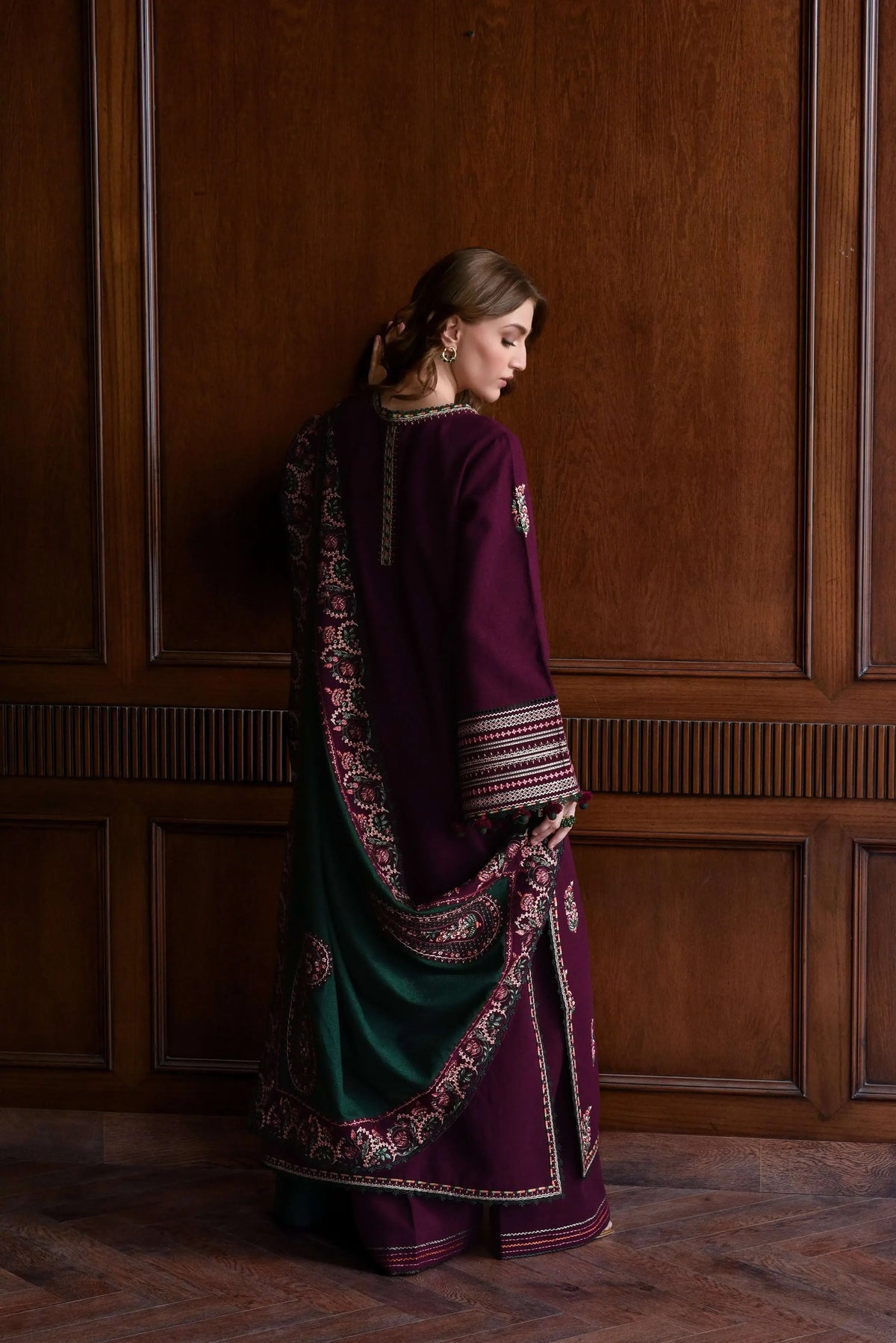 3 Piece Unstitched Heavy Embroidered Dhanak Suit with Four-sided Embroidered Dhanak Wool Shawl