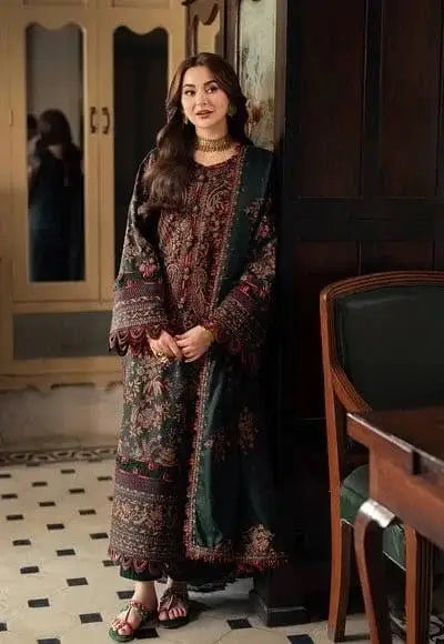 3 Piece Unstitched Heavy Embroidered Dhanak Suit with Four-sided Embroidered Dhanak Wool Shawl