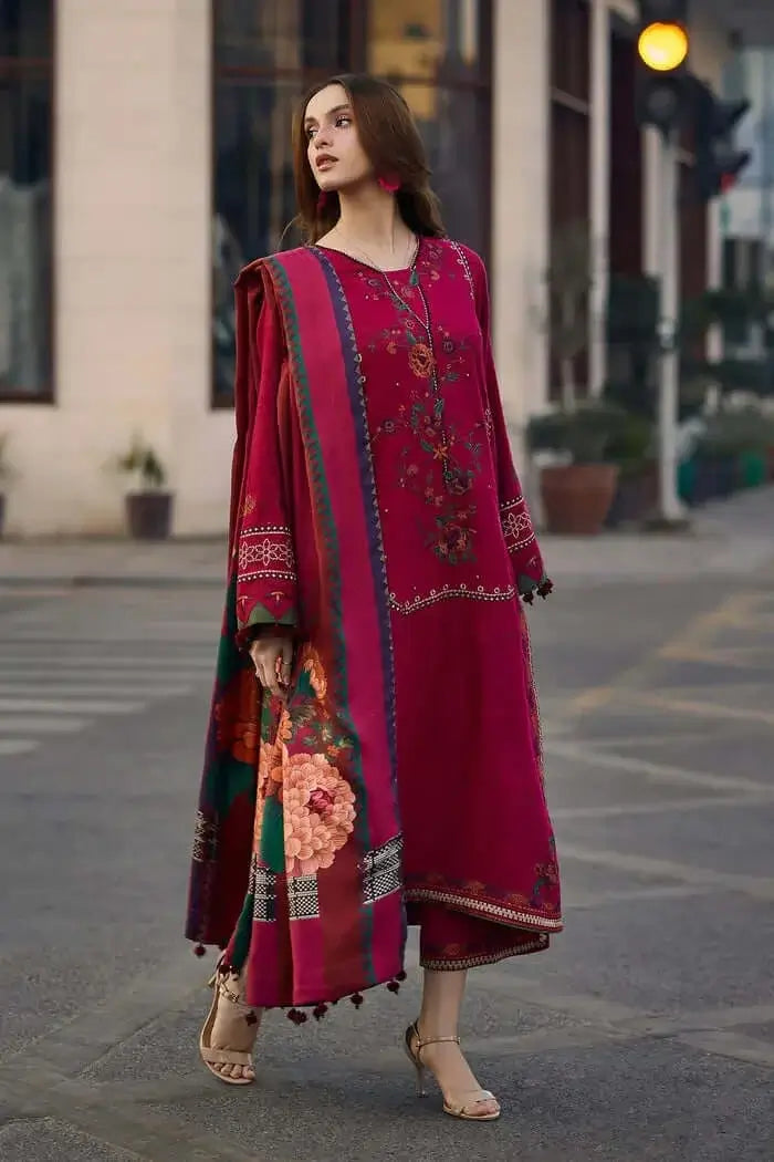 3 Piece Unstitched Heavy Embroidered Dhanak Suit with Printed Woolen Shawl