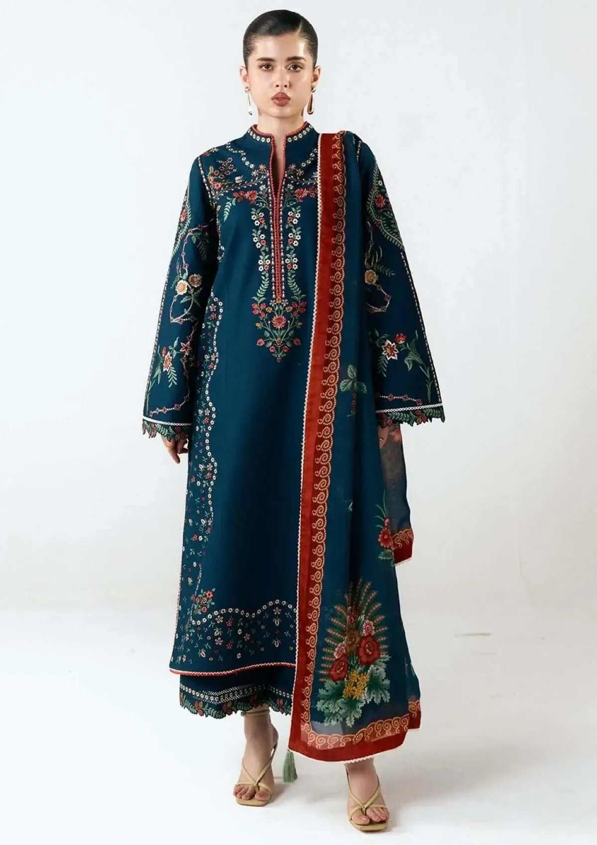 3 Piece Unstitched Heavy Embroidered Dhanak Suit with Printed Woolen Shawl
