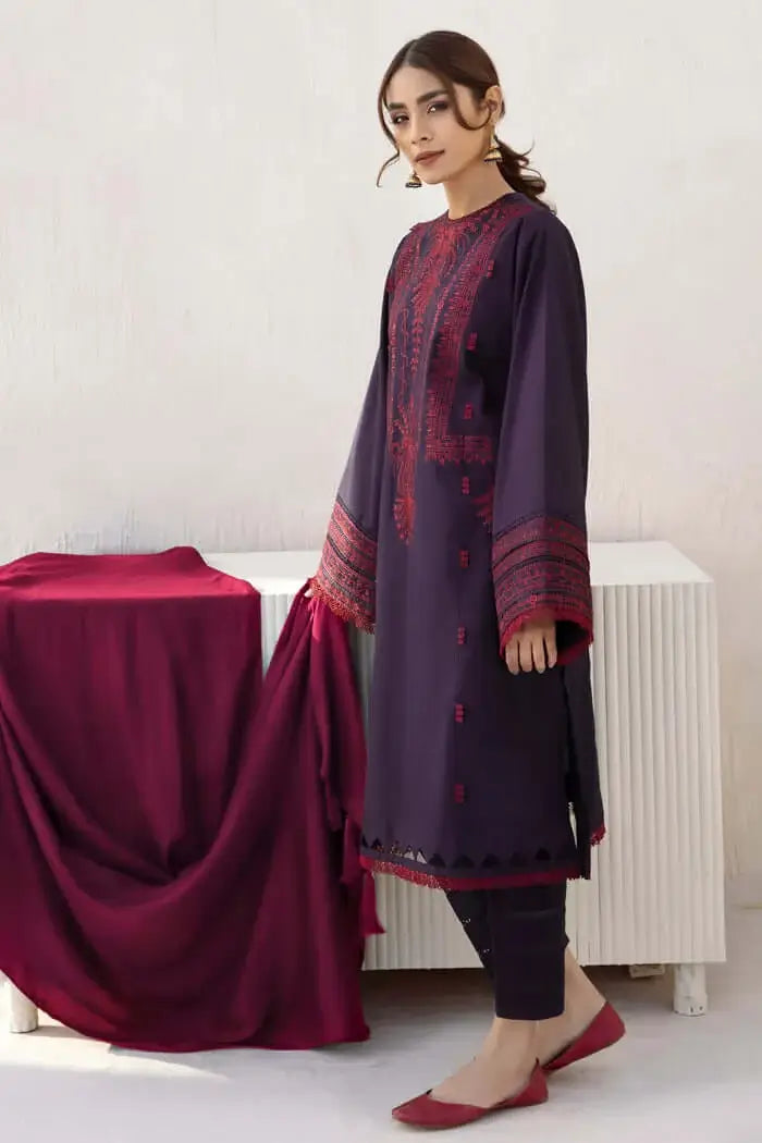 3 Piece Unstitched Heavy Embroidered Dhanak Suit with Plain Dyed Dhanak Wool Shawl