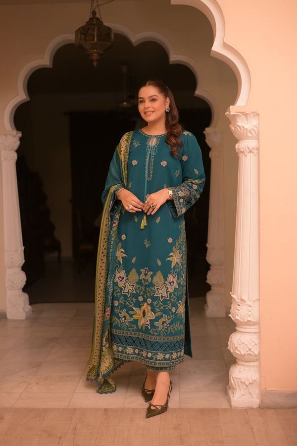3 Piece Unstitched Heavy Embroidered Dhanak Suit with Printed Woolen Shawl