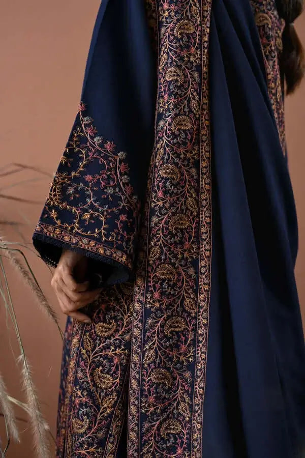 3 Piece Unstitched Heavy Embroidered Dhanak Suit with Four-sided Embroidered Dhanak Wool Shawl