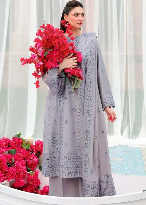 3 Piece Unstitched Heavy Embroidered Dhanak Suit with Four-sided Embroidered Dhanak Shawl
