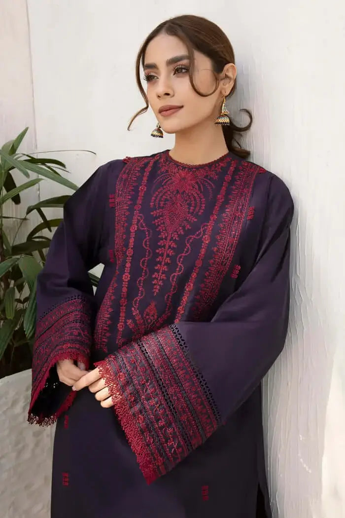 3 Piece Unstitched Heavy Embroidered Dhanak Suit with Plain Dyed Dhanak Wool Shawl
