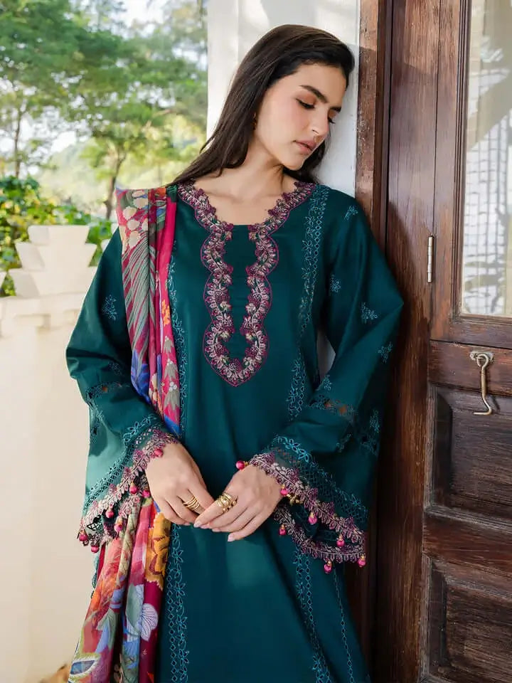 3 Piece Unstitched Heavy Embroidered Dhanak Suit with Printed Woolen Shawl