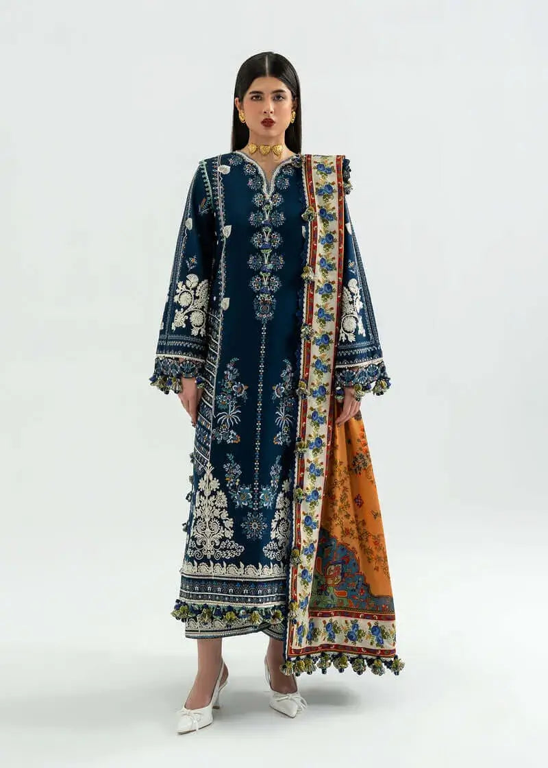 3 Piece Unstitched Heavy Embroidered Dhanak Suit with Printed Woolen Shawl