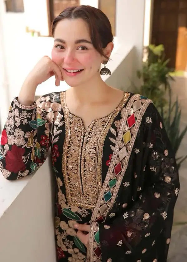 3 Piece Unstitched Heavy Embroidered Dhanak Suit with Four-sided Embroidered Chiffon Dupatta