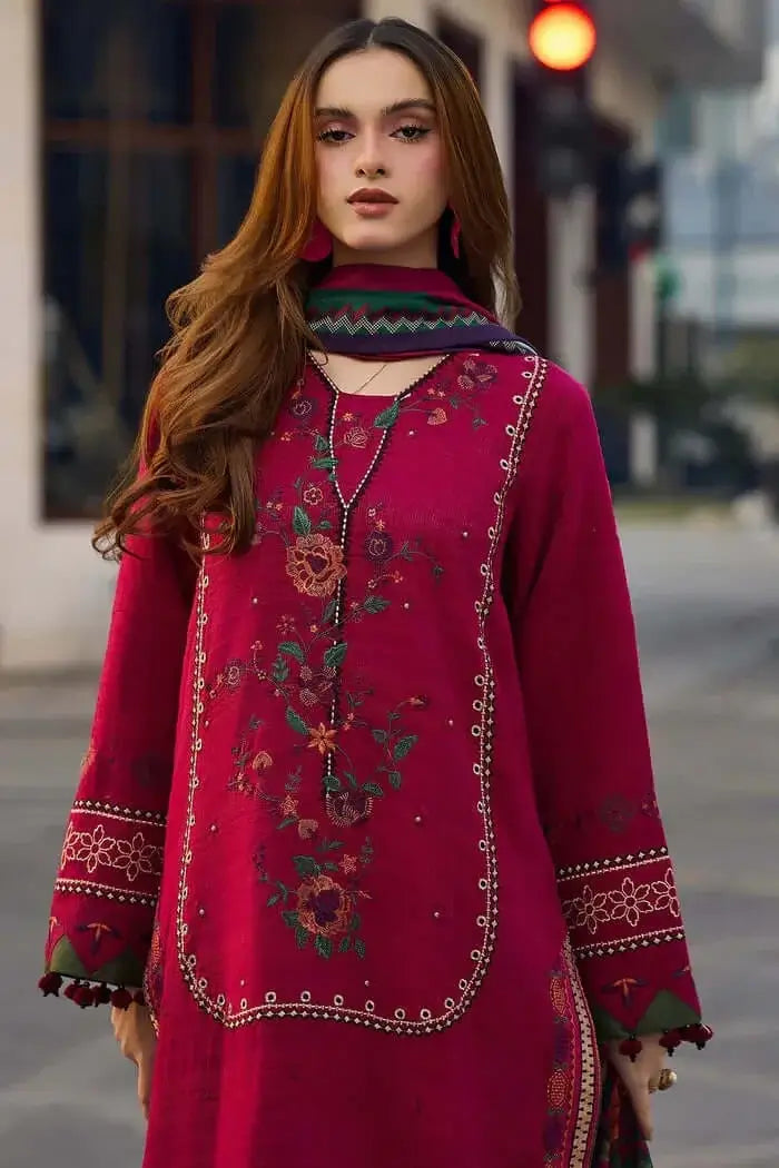 3 Piece Unstitched Heavy Embroidered Dhanak Suit with Printed Woolen Shawl