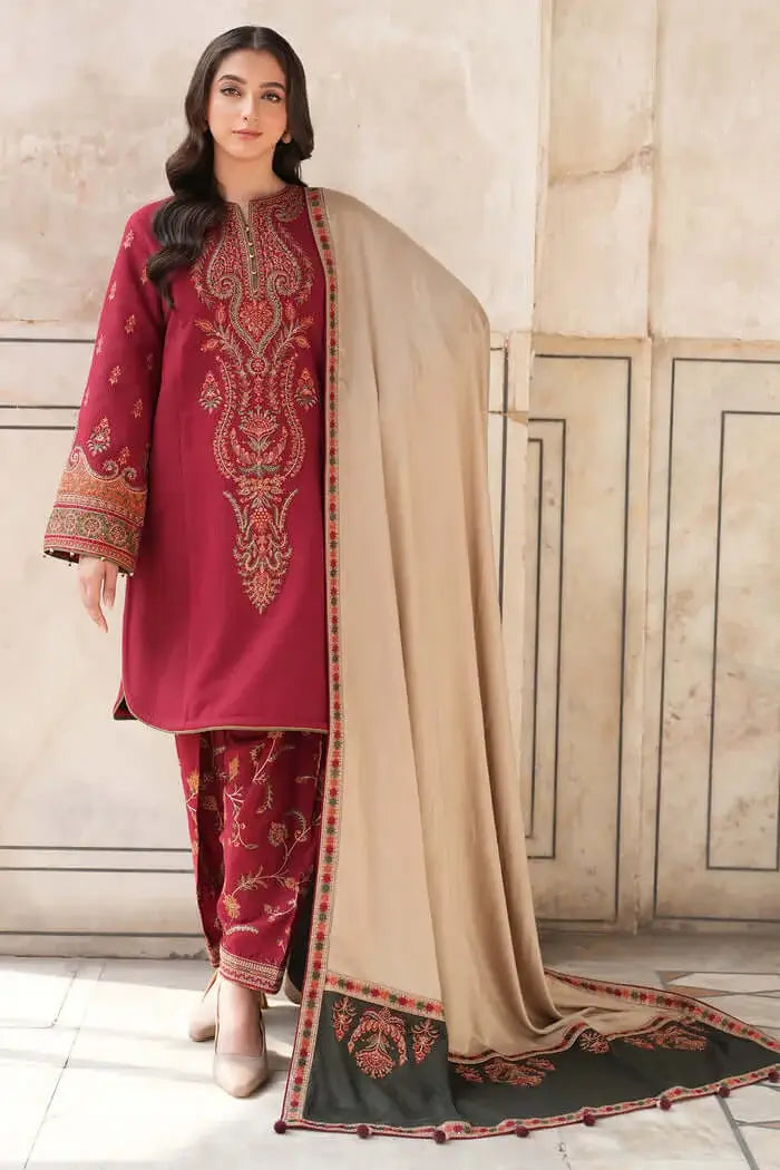 3 Piece Unstitched Heavy Embroidered Dhanak Suit with Printed Woolen Shawl