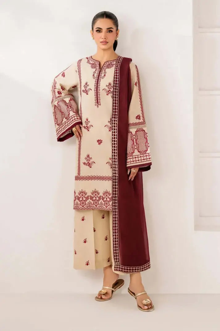 3 Piece Unstitched Heavy Embroidered Dhanak Suit with Four-sided Embroidered Dhanak Wool Shawl
