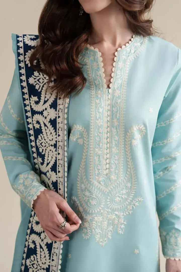 3 Piece Unstitched Heavy Embroidered Dhanak Suit with Four-sided Ready to Wear Embroidered Dhanak Shawl