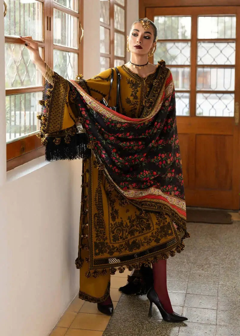 3 Piece Unstitched Heavy Embroidered Dhanak Suit with Printed Woolen Shawl