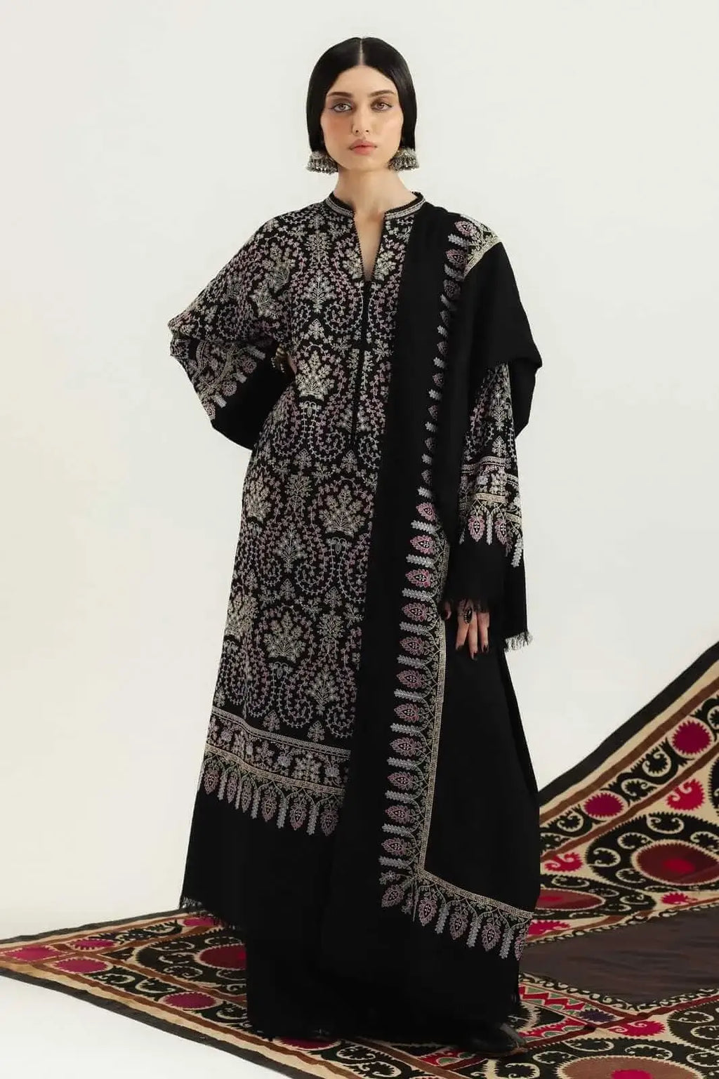 3 Piece Unstitched Heavy Embroidered Dhanak Suit with Heavy Embroidered Dhanak Shawl