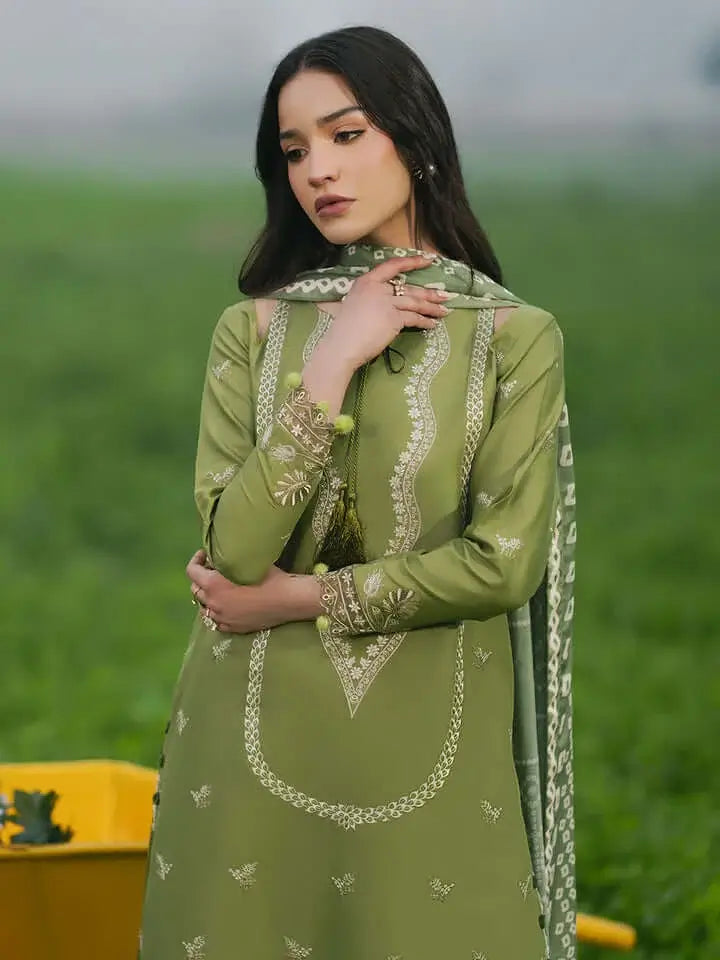 3 Piece Unstitched Heavy Embroidered Dhanak Suit with Printed Woolen Shawl