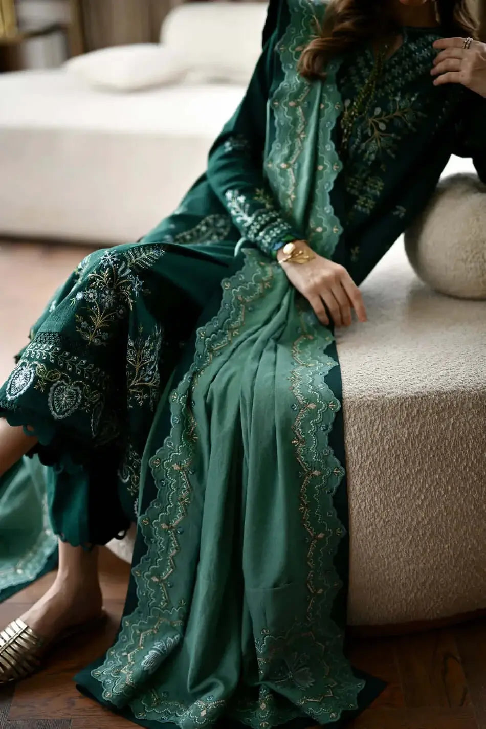 3 Piece Unstitched Heavy Embroidered Dhanak Suit with Four-sided Embroidered Dhanak Wool Shawl