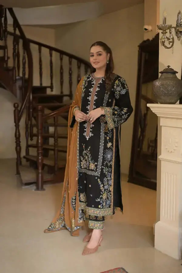 3 Piece Unstitched Heavy Embroidered Dhanak Suit with Four-sided Ready to Wear Embroidered Dhanak Shawl
